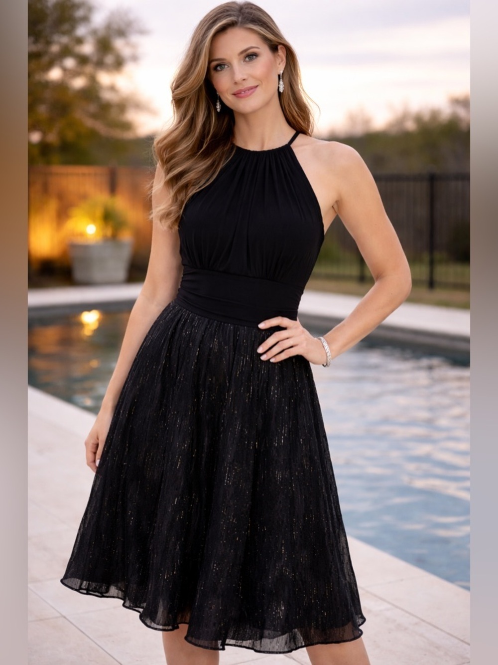 London Times Black Ruched Halter Cocktail Dress